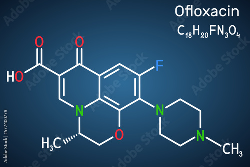 Ofloxacin fluoroquinolone molecule. It is quinolone antibiotic, antibacterial drug. Structural chemical formula on the dark blue background