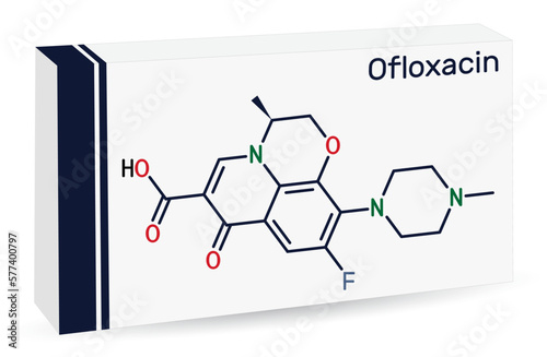 Ofloxacin fluoroquinolone molecule. It is quinolone antibiotic, antibacterial drug. Skeletal chemical formula. Paper packaging for drugs photo