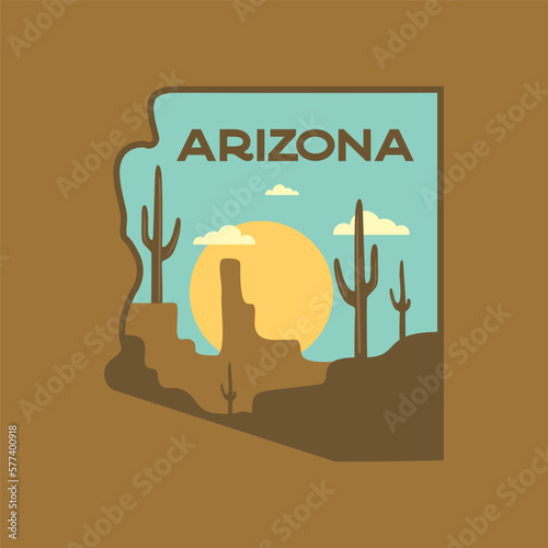 Retro camping badge featuring wilderness-themed design including Arizona desert landscape. Stock vector travel label isolated on dark background