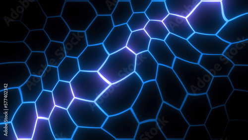 Liquid pattern of neon hexagons. Motion. Neon lines in moving pattern of hexagons in distorted space. Neon hexagons move like liquid distorted texture