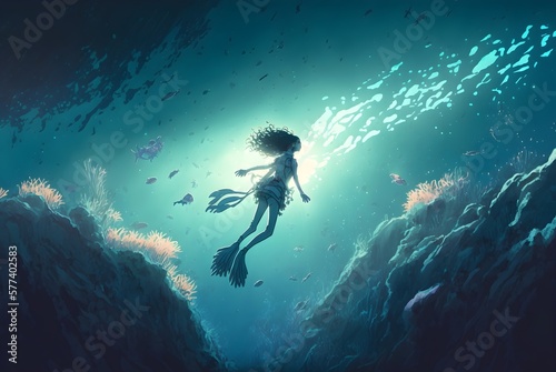 woman dive underwater to see a mysterious light under the sea, digital art style, illustration painting, Generative AI
