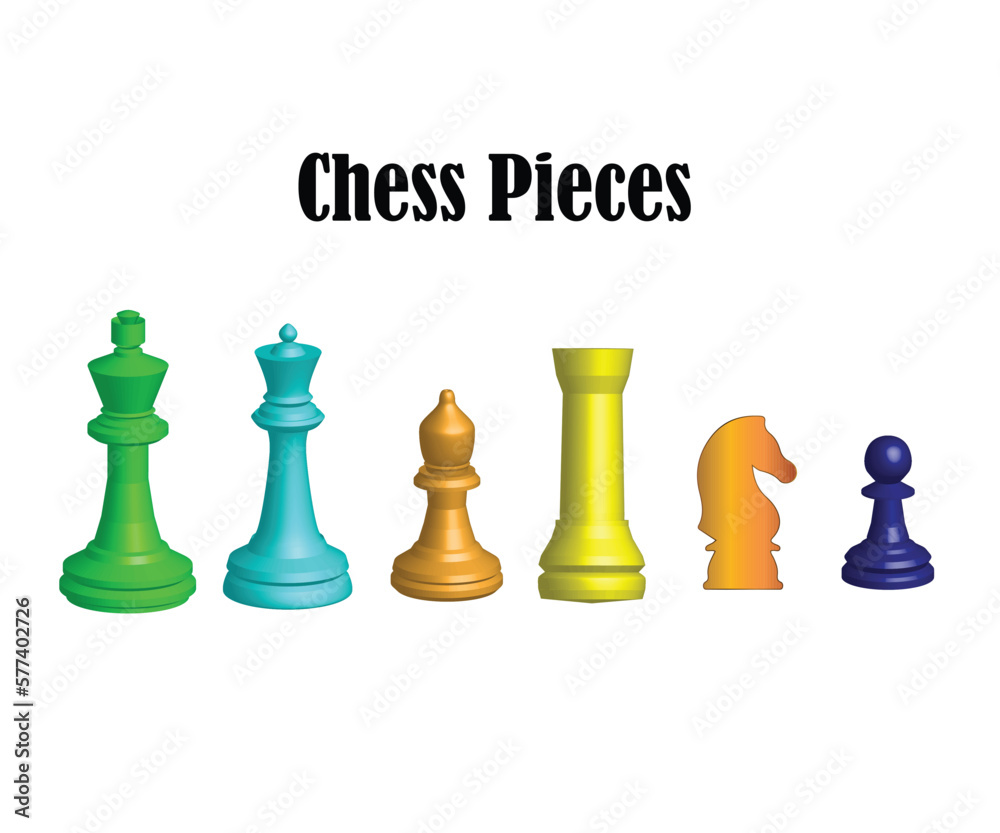 3D rendering of all six different chess pieces of black color standing
