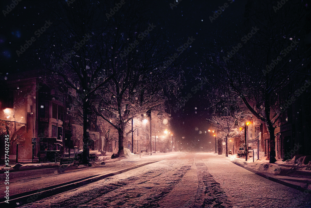 streets at winter covered with snow, beautiful, nightime, realistic, high detailed - generative ai 