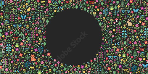 Spring pattern with a round empty space in the middle for text. Perfect circular frame for banner, invitation, postcard, print, poster. Vector illustration in pixel art style