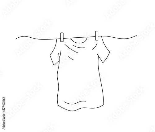 Vector isolated one single t-shirt hanging drying on a rope colorless black and white contour line easy drawing