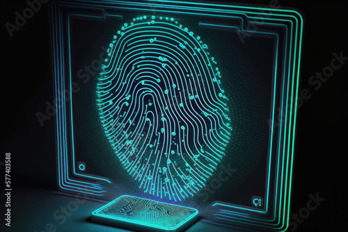 3d neon digital data network with fingerprint security scanner made by generative ai