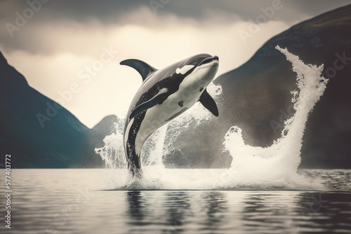 orca jumping out of ocean water with mountains in background made by generative ai