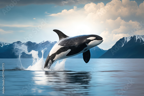 orca jumping out of ocean water with mountains in background made by generative ai