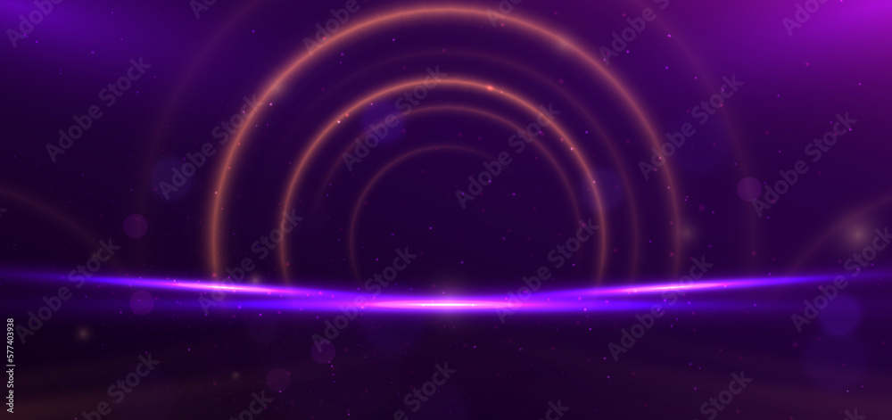 Abstract circle glowing gold lines on dark purple background with lighting effect and sparkle with copy space for text.