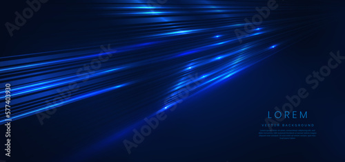 Abstract technology futuristic glowing blue light lines with speed motion blur effect on dark blue background.