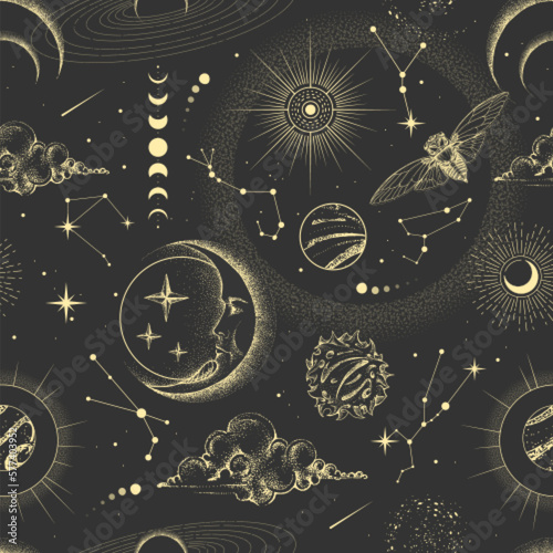 Modern magic witchcraft  astrology seamless pattern with sun, stars, planets and outer space. Astrology background. Vecto illustration