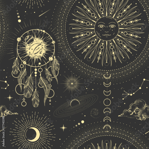Modern magic witchcraft  astrology seamless pattern with sun, stars, planets and outer space. Astrology background. Vecto illustration