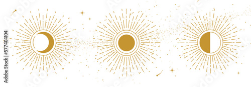 Modern magic witchcraft card with moon phases or sun and moon sign. Pagan moon symbol. Vector illustration