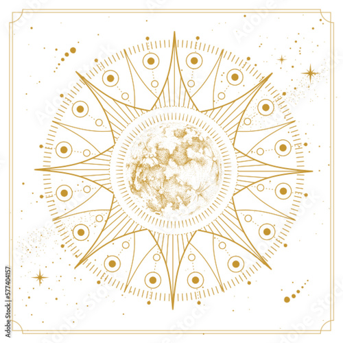 Modern magic witchcraft card with astrology full moon. Realistic hand drawing illustration of moon
