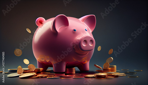 Happy piggy bank with shiny coins falling, symbolic, AI generative photo