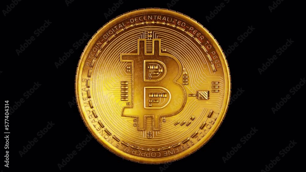 Golden bitcoin tokens spinning loop with alpha channel