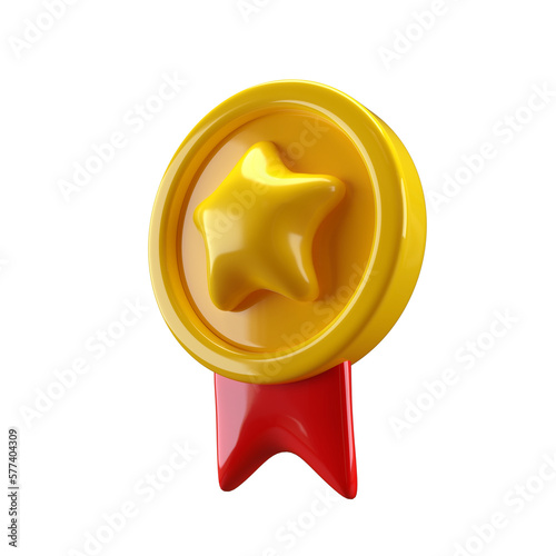 Reward Winner yellow medal with star and red ribbon. 3d illustration icon render isolated on white background with clipping path. Cartoon minimal style. Premium quality, quality guarantee symbol