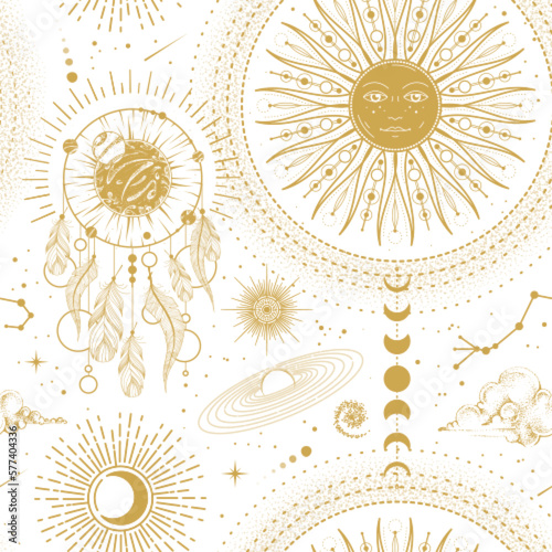 Modern magic witchcraft  astrology seamless pattern with sun, stars, planets and outer space. Astrology background. Vecto illustration