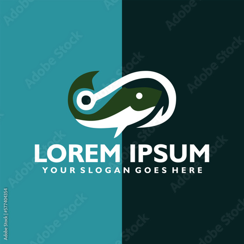 shark fish logo design template fishing rod combination