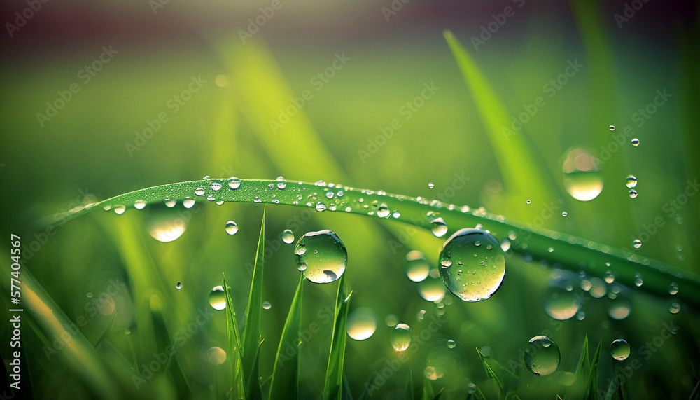 Close-up image of leaves and grasses with water drops in the morning created with Generative AI technology.