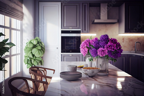 Modern composition of kitchen space with design kitchen island, grey table, flowers, furnitures, big window and elegant personal accessories. Stylish home decor. Created with Generative AI technology
