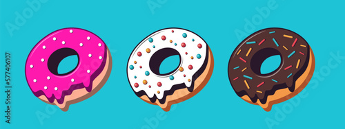 Vanilla, chocolate and strawberry donat with colored icing and sweet sprinkles. A pattern of vector sweets. Vector donates delicious set with liquid glaze.