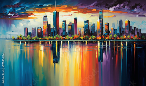 Skyline city view with reflections on water. Original oil painting