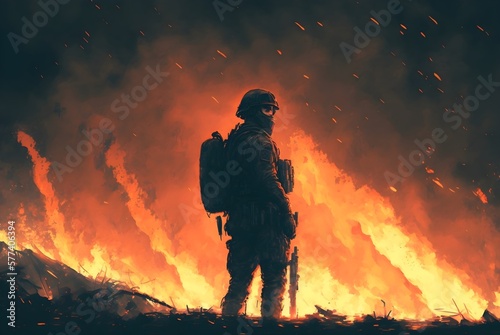 a soldier with his gun standing against fire background and looking at viewer, digital art style, illustration painting, Generative AI