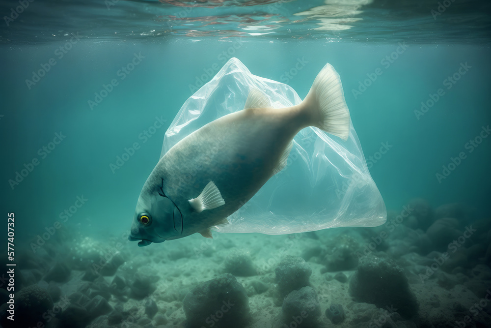 Ocean Plastic Pollution A Fish With Plastic Bag In The Ocean ocean-plastic-pollution-a-fish-with-plastic-bag-in-the-ocean