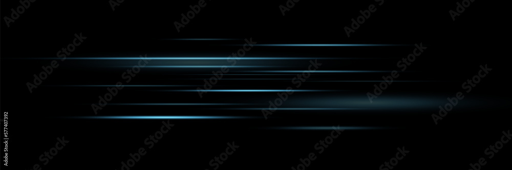 Set of blue lines, laser beams, bright light beams with sparkles and dust on a black background. vector illustration