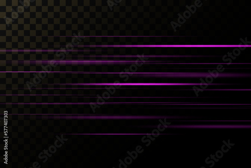 Set of purple lines, laser beams, bright light beams with sparkles and dust on a transparent background. vector illustration