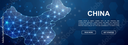China 3d low poly head promotion banner. China map design illustration concept. Horizontal polygonal Country map poster Illustration
