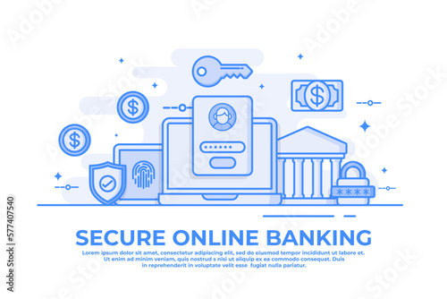 Secure online banking concept flat vector illustration for web banner, landing page, Online payment protection with password and fingerprint scanner, Online banking system, Secure payment