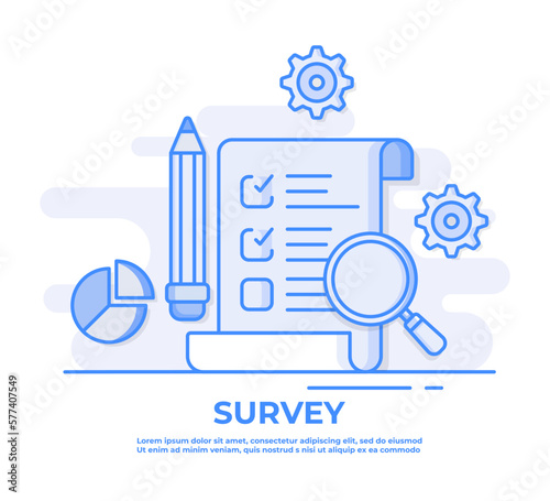 Clipboard with checkboxes, pencil, diagram, magnifying glass, Checklist, Complete tasks, To-do list, Survey concept flat vector illustration for business task, exams