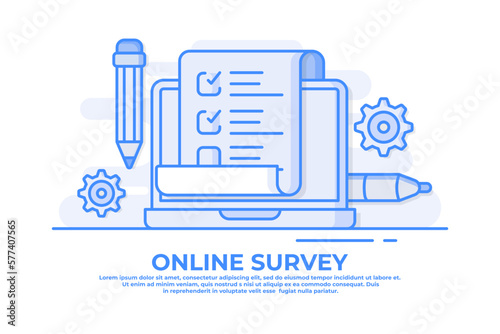 Online survey on laptop computer flat illustration for web banner, website, infographics, Quiz exam paper sheet document, clipboard with checkboxes, checklist, complete tasks, To-do list, 