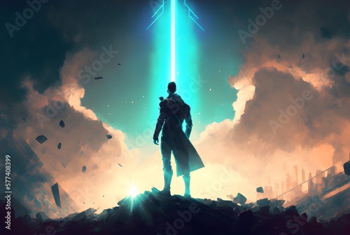 futuristic man standing and looking at the sky with a strange beam of light. digital art style  illustration painting  Generative AI