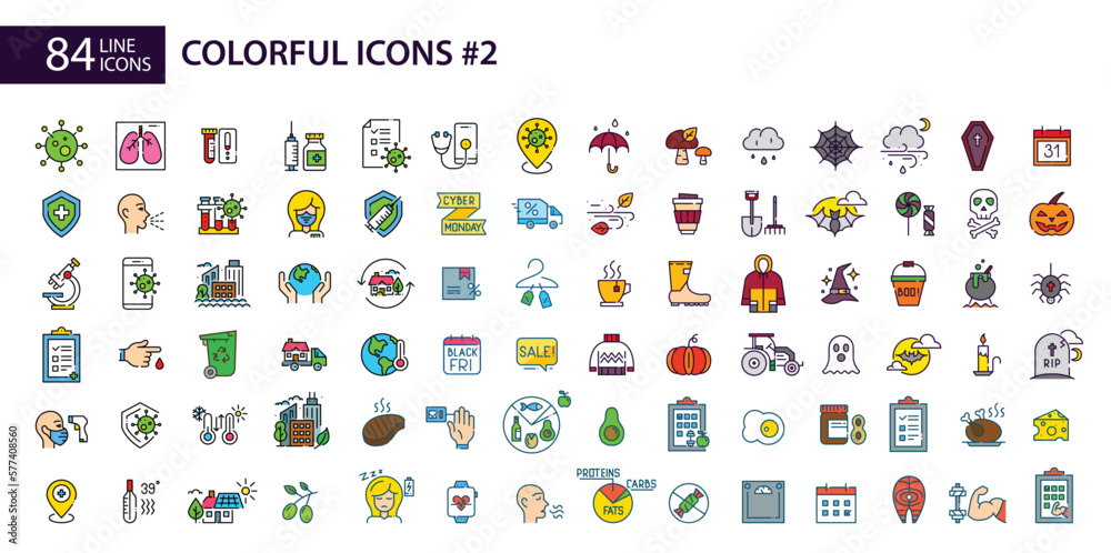 Megaset part 2. 84 colorful icons. Covid, keto diet, autumn and Halloween. Pixel perfect stroke, editable line design Megaset part 2. 84 colorful icons. Covid, keto diet, autumn and Halloween. Pixel perfect stroke, editable line design