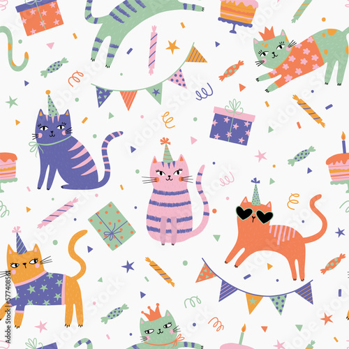 Birthday party background with cute cats. Seamless funny pattern with cats, gift box, cake and birthday caps. Hand draw cute cats in doodle style. For textiles, clothing, bed linen, office supplies.