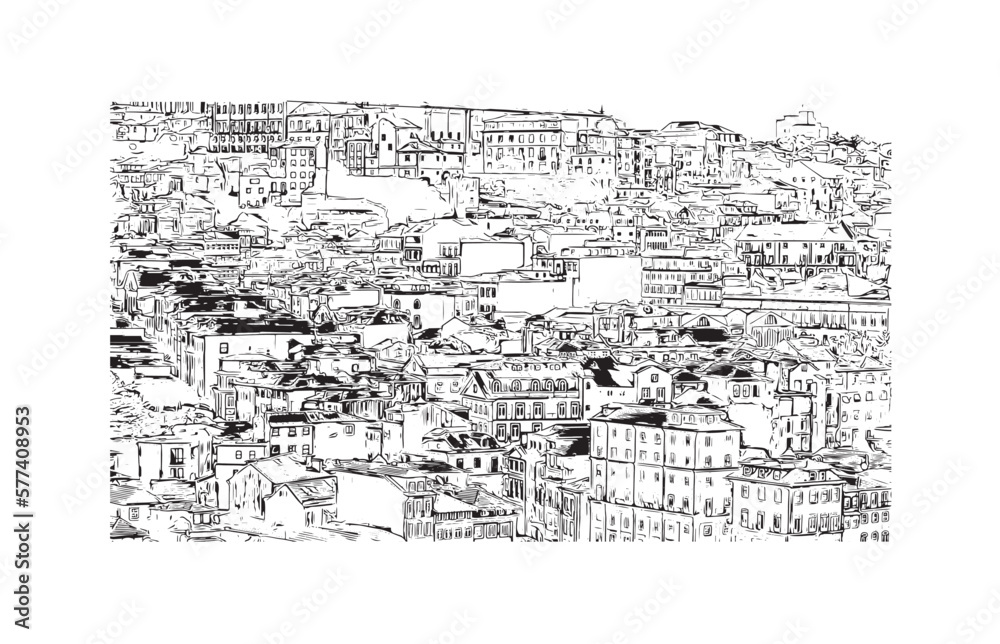 Obraz premium Building view with landmark of Porto Novo is the capital of Benin. Hand drawn sketch illustration in vector.