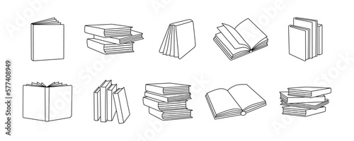 Books outline sketch set. Bookstore, library line symbols. Pile of books silhouettes. Closed and open books. Library, book shop icons.