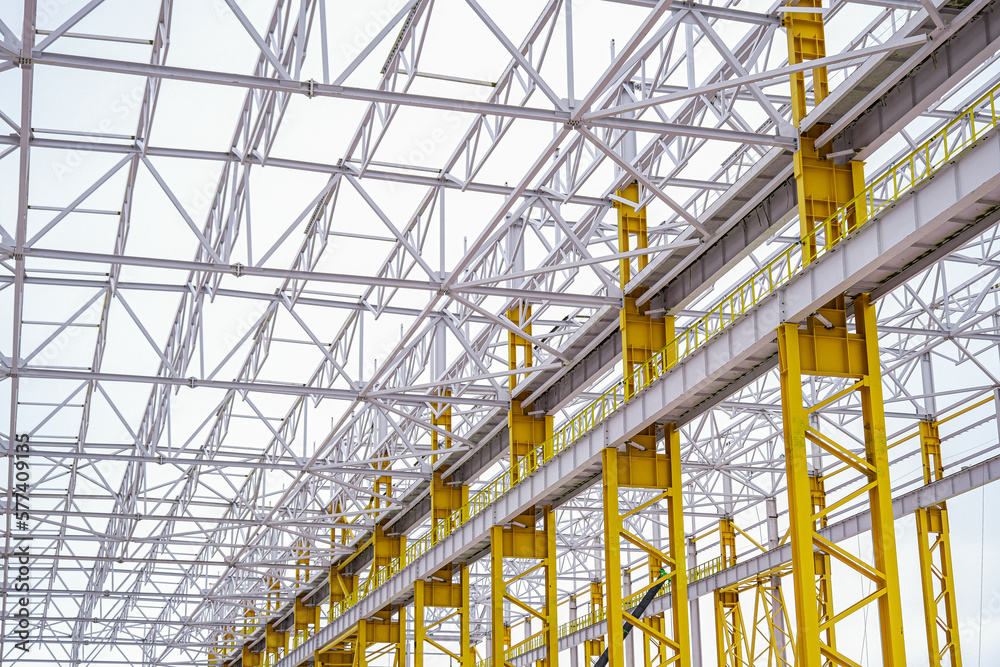 Metal structures, construction and production. Assembly of metal structures, construction of industrial premises, factory. Construction work on an industrial site. Metal, Iron, steel, building