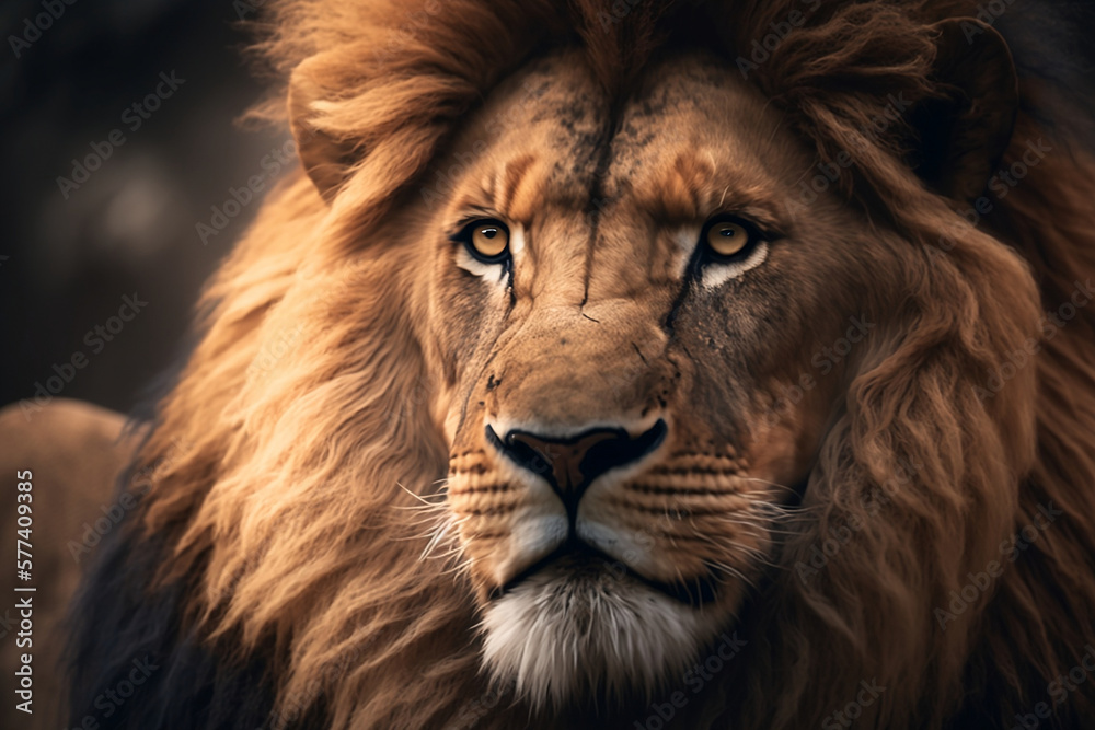 Incredible Lion Closeup: Stunning Headshot Featuring Detailed Face and Eyes. Generative AI