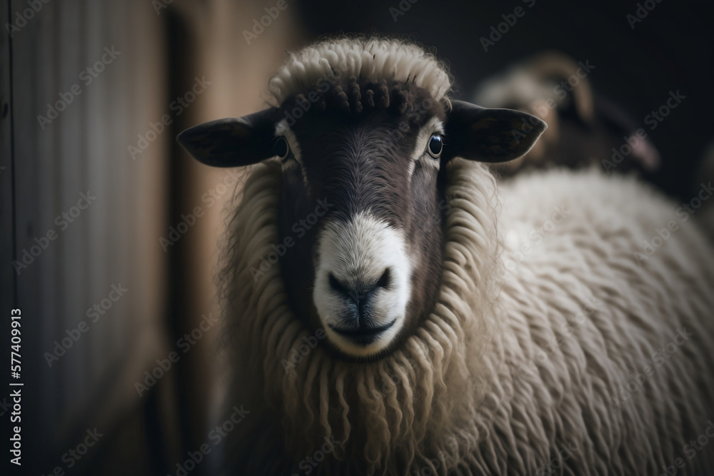 Fototapeta premium Incredible Sheep Closeup: Stunning Headshot Featuring Detailed Face and Eyes. Generative AI