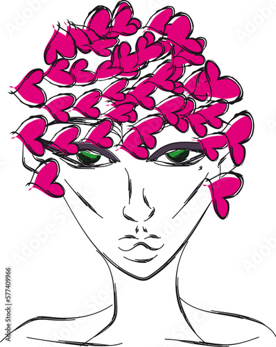Girl with fancy extravagant hearts-shaped hat
