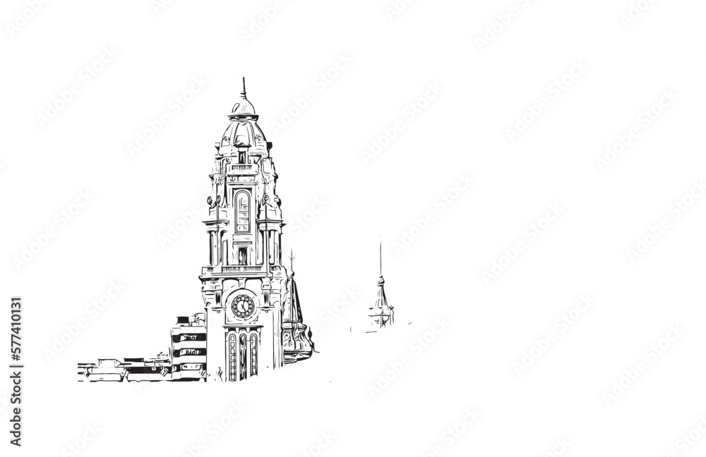 Obraz premium Building view with landmark of Porto Novo is the capital of Benin. Hand drawn sketch illustration in vector.