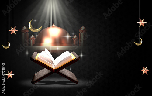 Ramadan Karim greeting banner design With moon, Quran, and Islamic mosque and dark Background