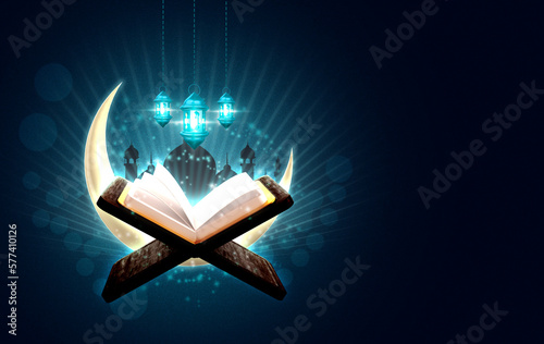 Ramadan Karim greeting background With moon, lantern, Quran and Islamic mosque and dark Background banner