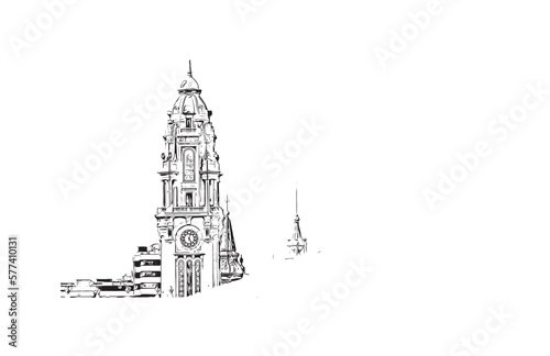 Building view with landmark of Porto Novo is the capital of Benin. Hand drawn sketch illustration in vector.