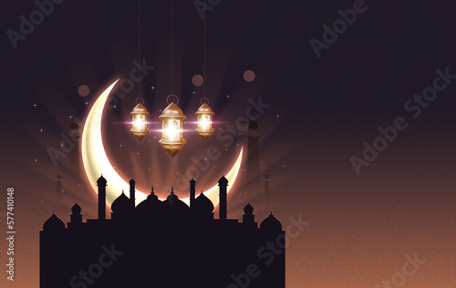 Ramadan Karim greeting banner design With the lantern, moon and Islamic mosque and dark Background banner