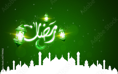 Ramadan Karim Arabic typography With moon, lantern and Islamic green Background